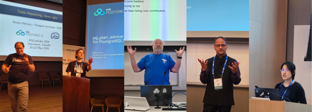Alvaro Herrera, Robert Haas, Andrew Dunstan, Vibhor Kumar, and Alexandra Wang during their PGConf.dev talks
