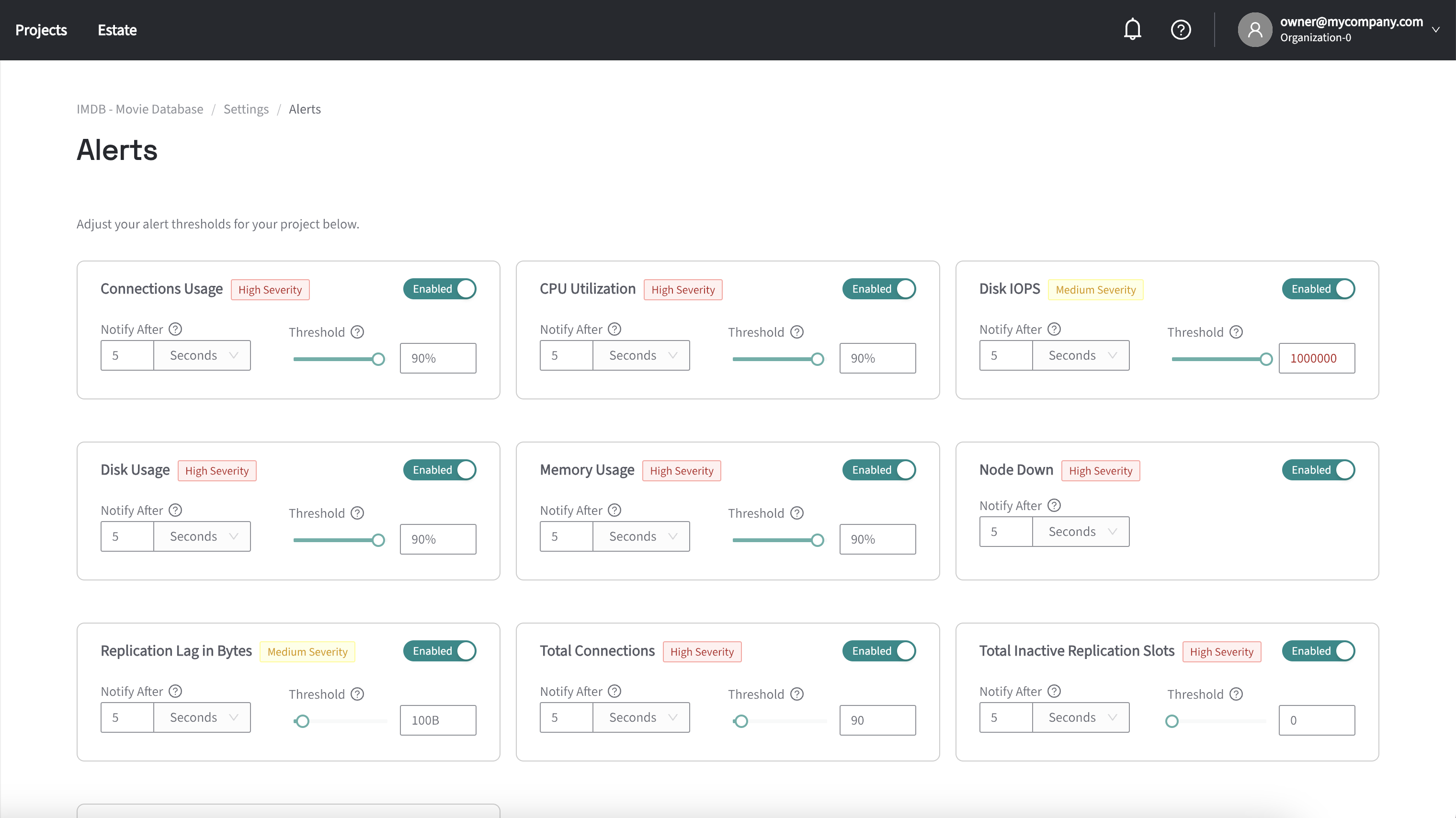 Figure 3. Alerts settings allow you to configure alert thresholds for your project.