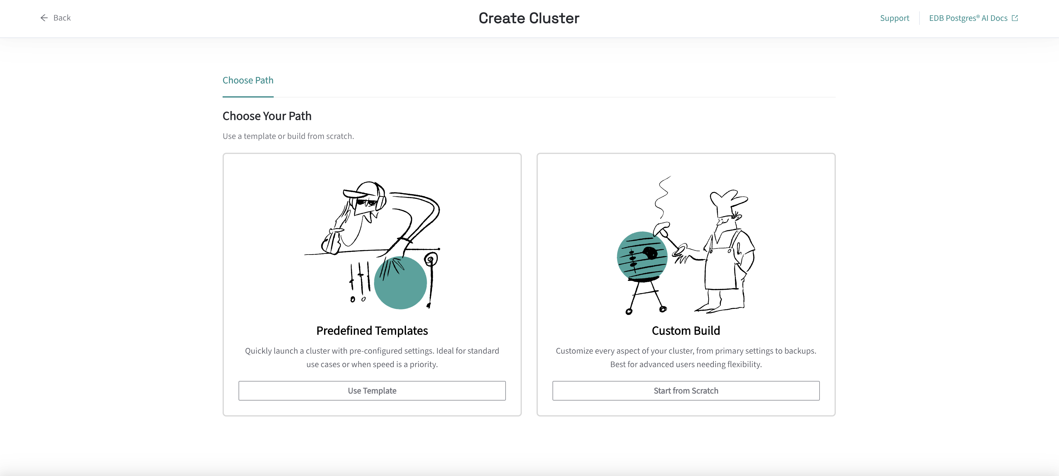 Figure 2. Create new database clusters via Predefined Templates or Custom Builds.