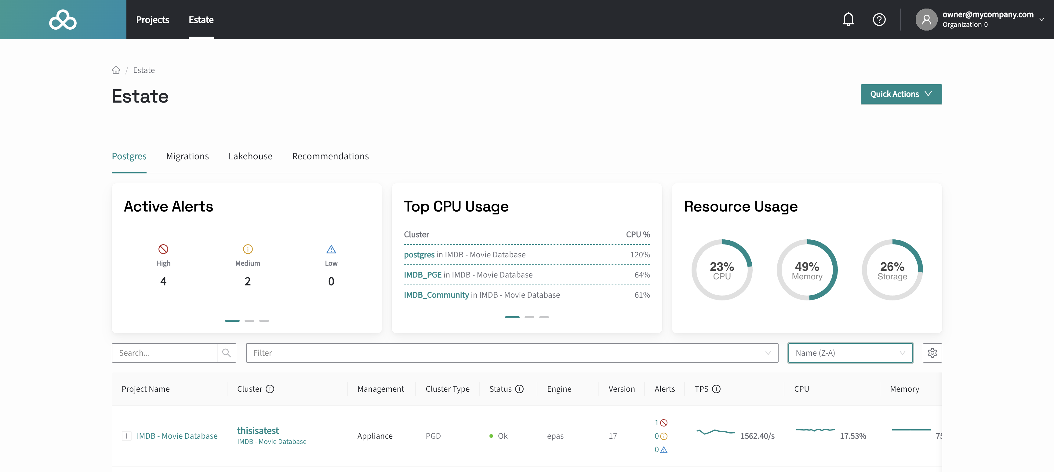 Figure 1. The Estate View provides single-pane-of-glass visibility into your Postgres databases, including metadata, key metrics like TPS and CPU, and important alerts.