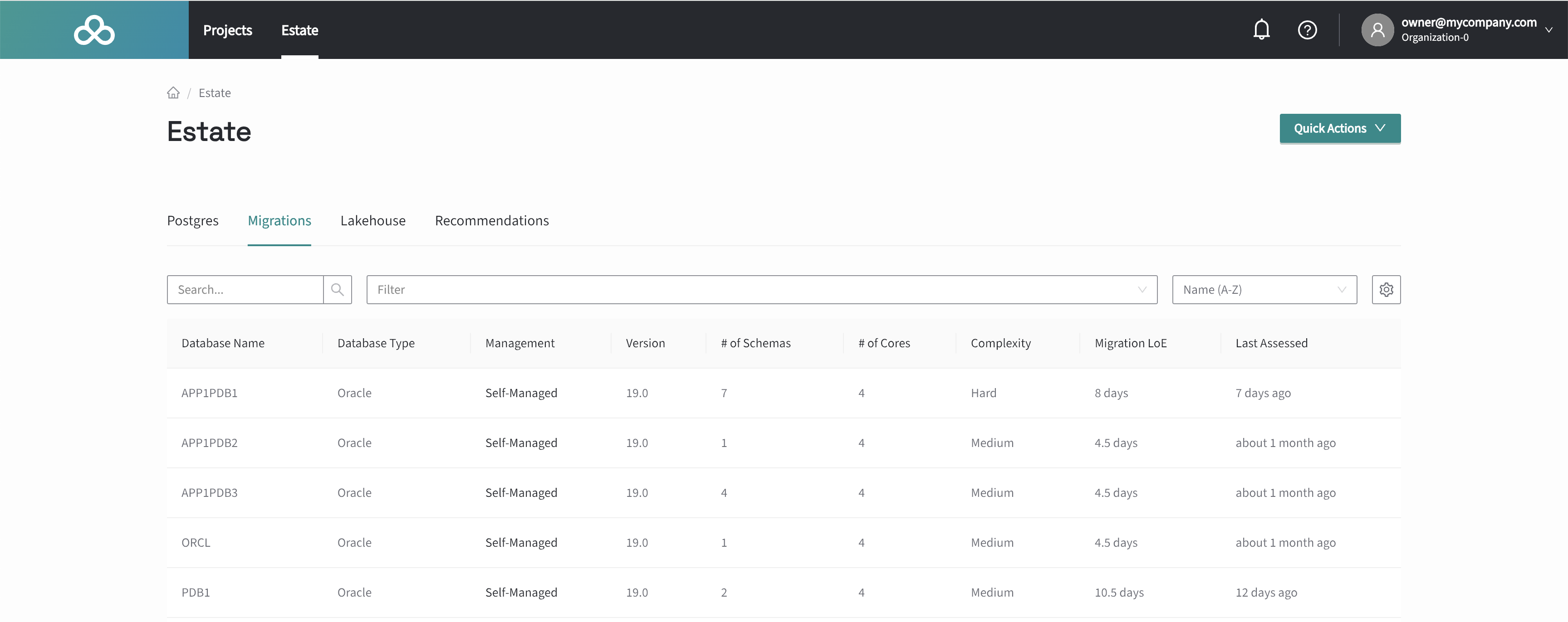 Figure 7. The Migrations tab shows each registered Oracle database its migration assessment. For more detailed schema object level compatibility assessments, you can also reference the Migration Portal, which can be launched through your Launchpad.