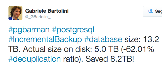 #pgbarman #postgresql #IncrementalBackup #database size: 13.2 TB. Actual size on disk: 5.0 TB (-62.01% #deduplication ratio). Saved 8.2TB!